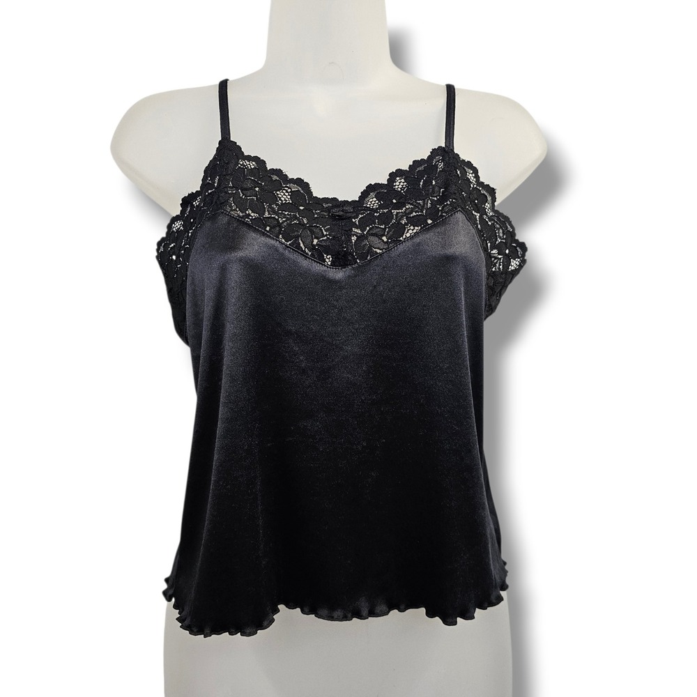 Y2K Evantes Camisole XL Women Black Satin Lace Trim Whimsigoth Dollette Coquette